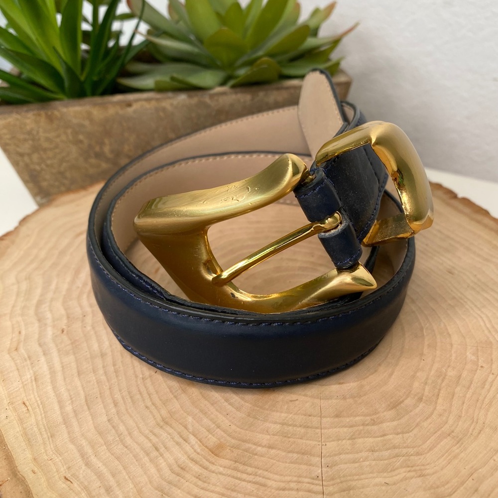 Captiva Navy Blue Genuine Leather Belt Gold Sculptural Buckle Womens Small‎ VTG?